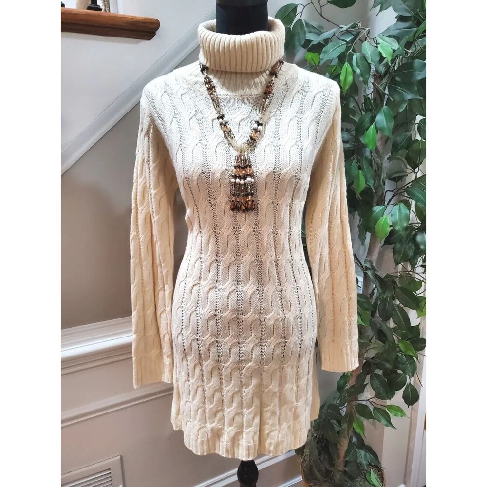 Fable Cable Knot Beige Acrylic Mock Neck Long Sleeve Knee Length Dress Large